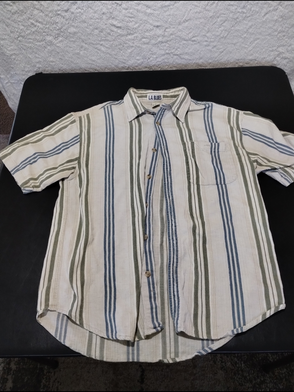 L.A. Blues Men's Short Sleeve Button-Up Shirt - Cream, Blue, Olive Stripes Sz Sm